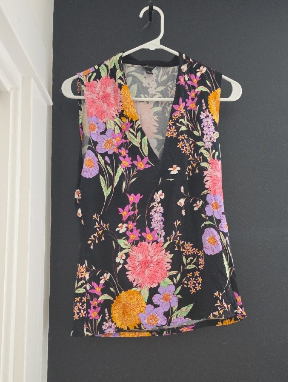 Ann Taylor Black Floral Top with Pink, Green & Yellow Accents
